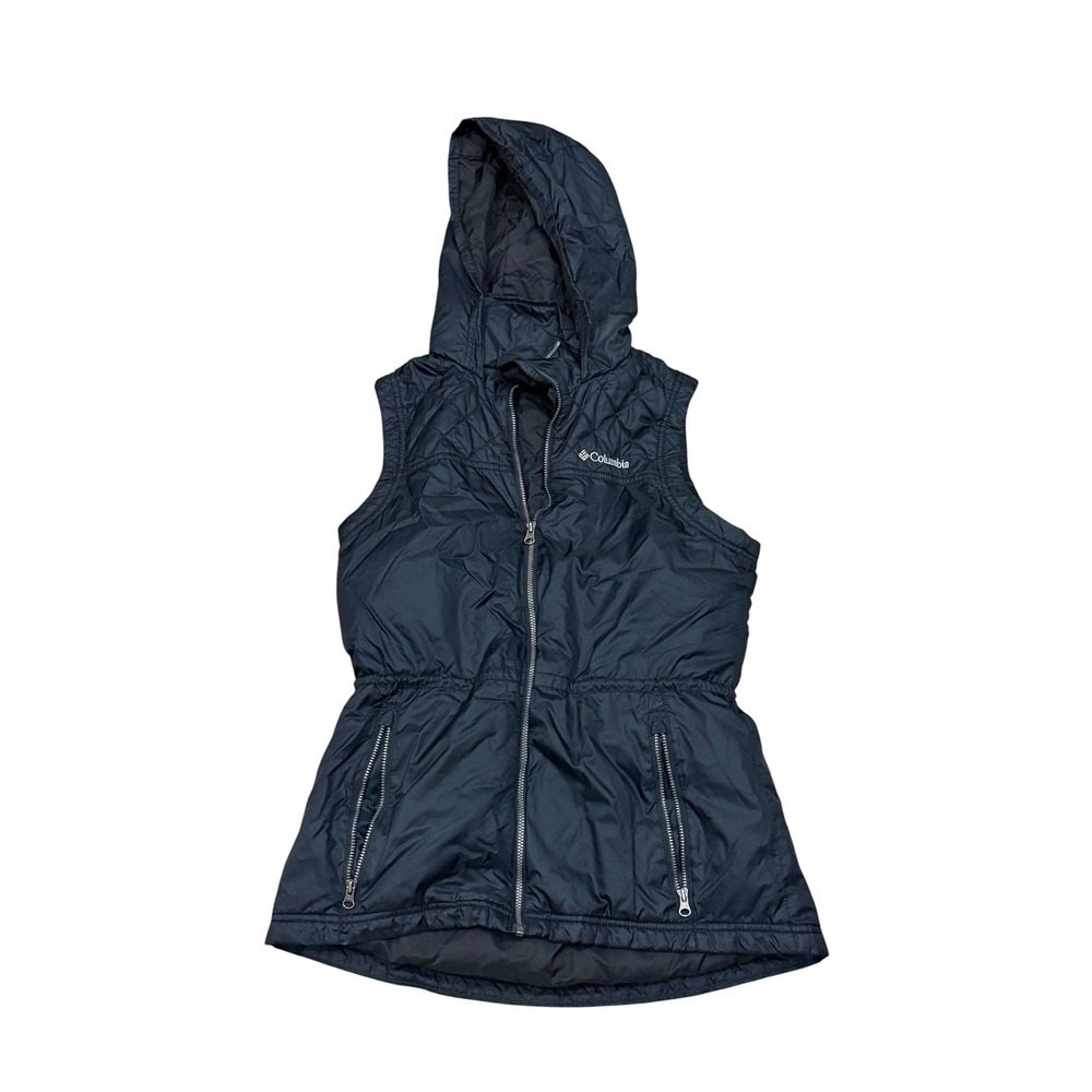 Columbia Womens Hooded Puffer Vest Black Full Zip Cinched Waist Size Medium